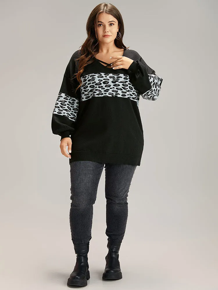 Anti-Pilling Leopard Patchwork Crisscross Neck Pullover