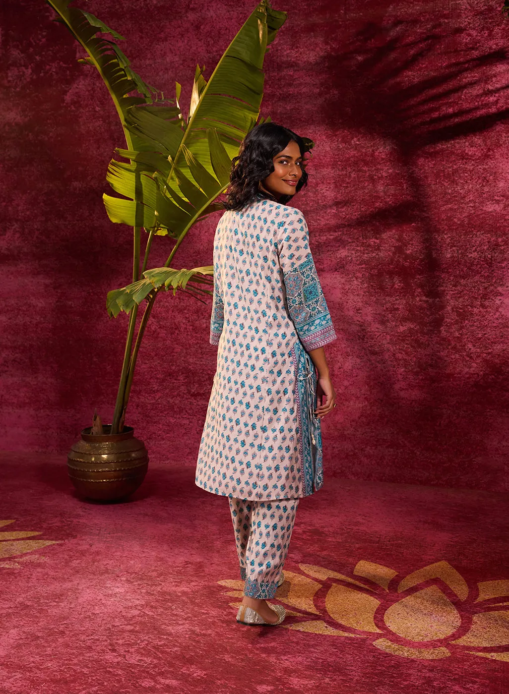 Apsara Teal Printed Cotton Silk Designer Kurta Set