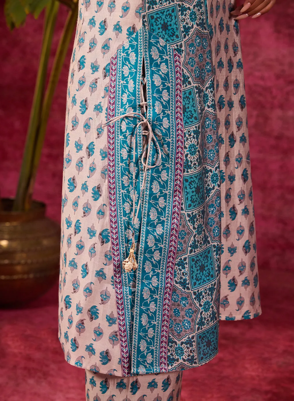 Apsara Teal Printed Cotton Silk Designer Kurta Set