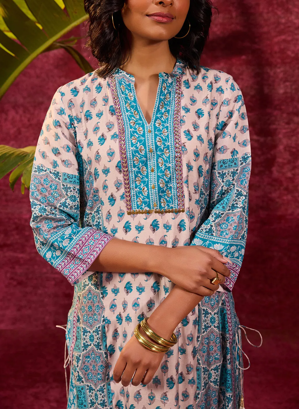 Apsara Teal Printed Cotton Silk Designer Kurta Set