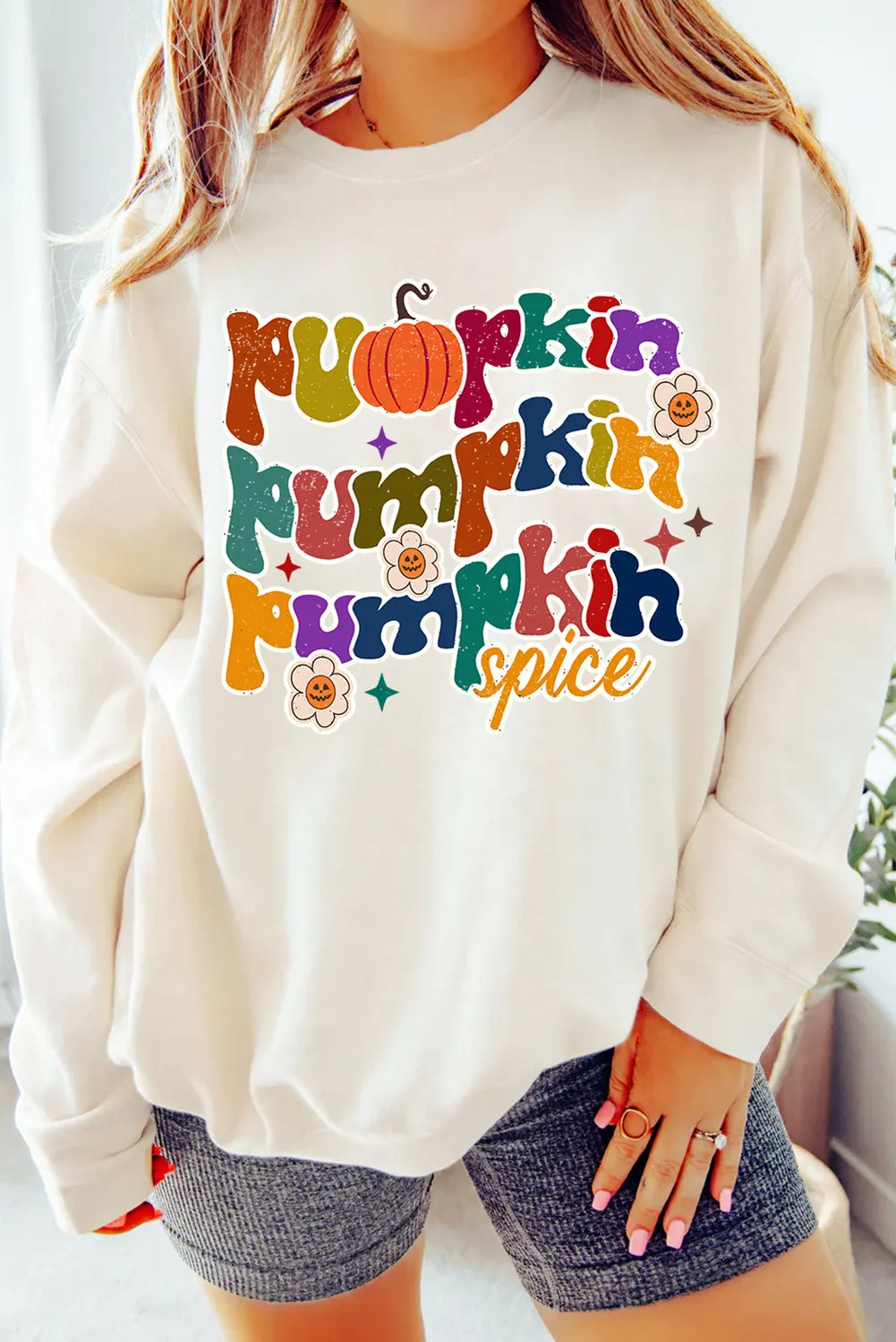 Beige Cute Pumpkin Spice Graphic Thanksgiving Sweatshirt