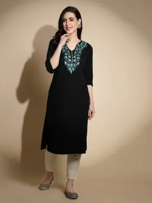 Black Embroidered Three Quarter Sleeves V-Neck Woolen Kurta