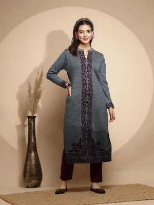 Blue Printed Full Sleeve Round With V- Neck Woolen Kurta For Women