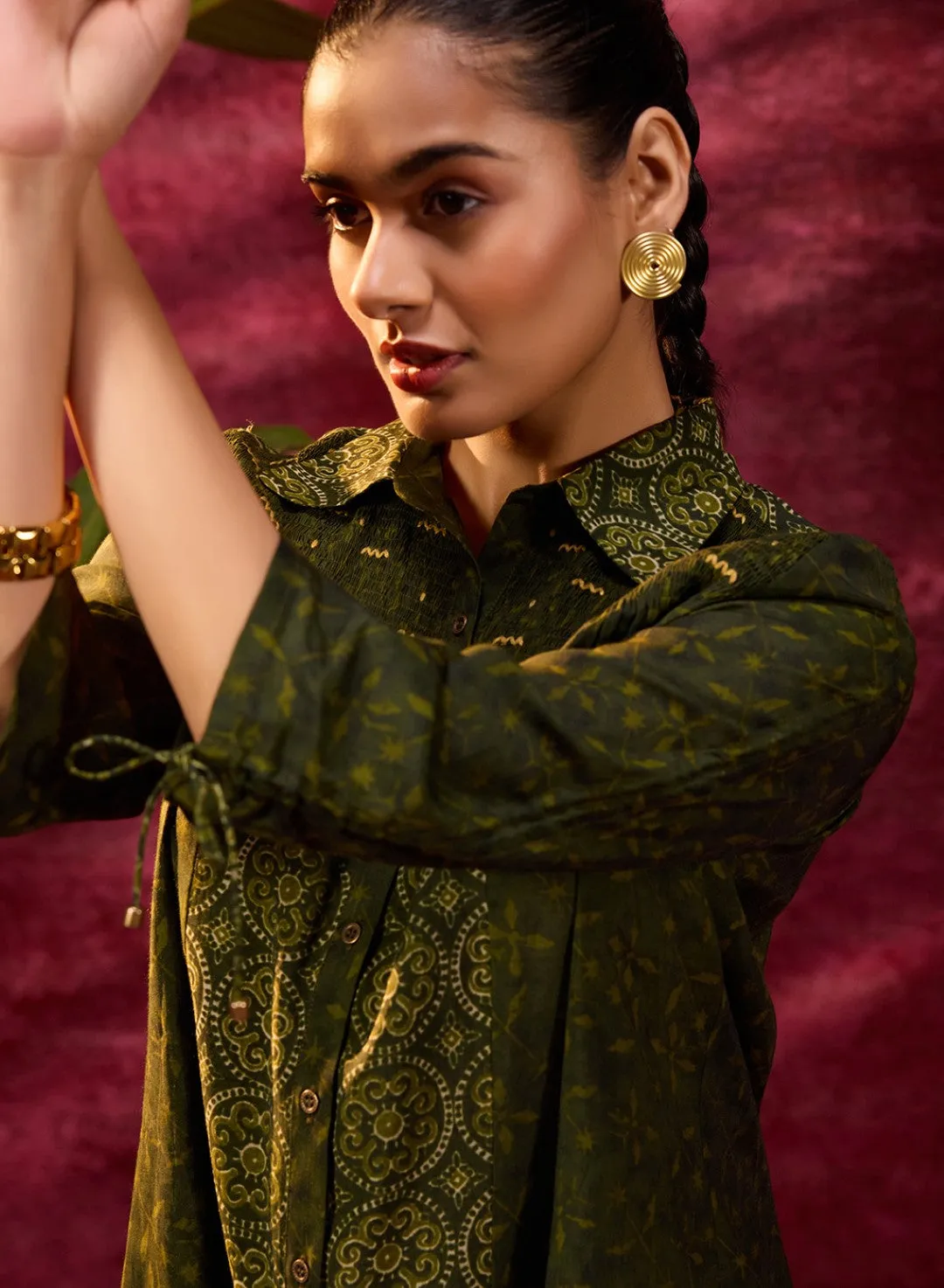 Bottle Green Printed Chanderi Long Shirt For Women