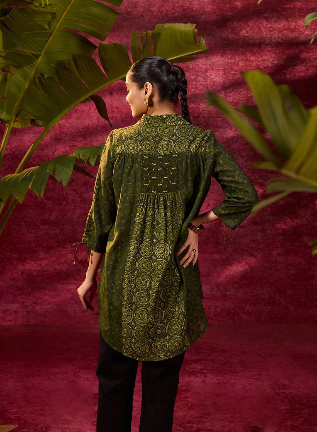 Bottle Green Printed Chanderi Long Shirt For Women