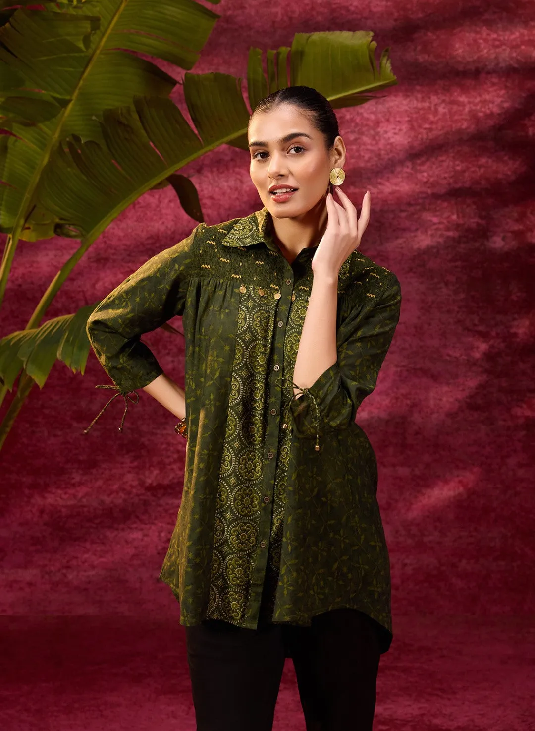 Bottle Green Printed Chanderi Long Shirt For Women