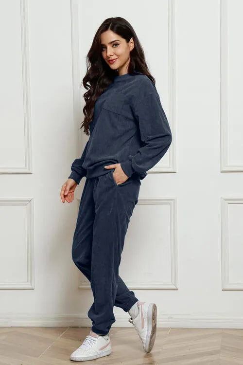 Corduroy Round Neck Sweatshirt and Sweatpants Set