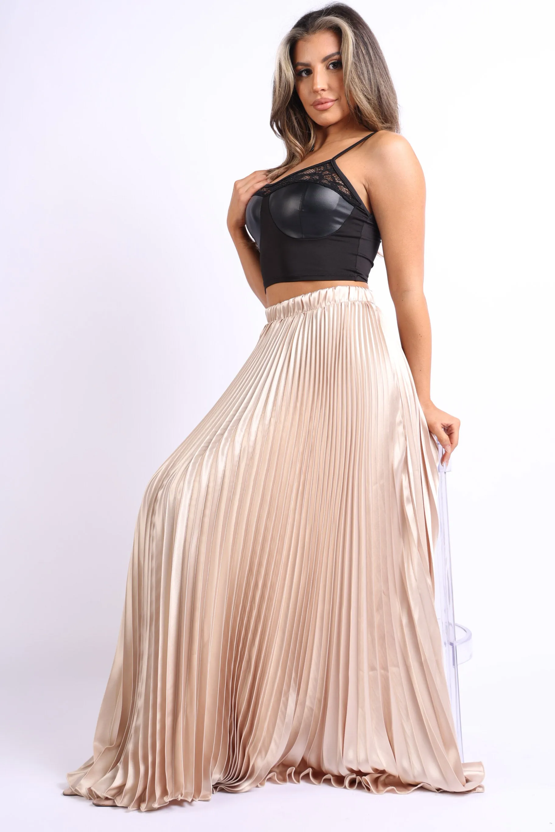 Elegant Pleated Satin Maxi Skirt with High Waist for Formal Events - TAUPE