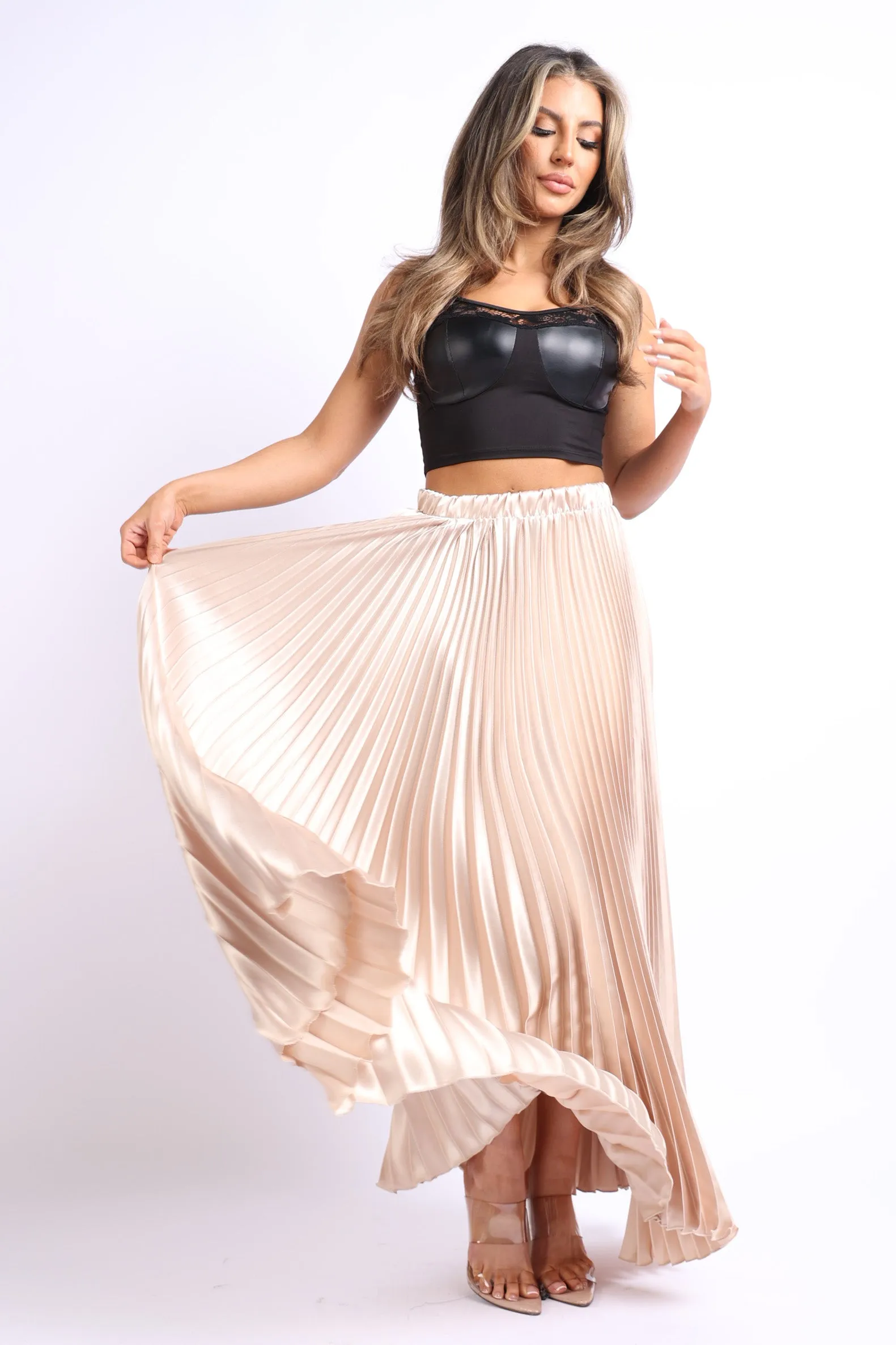 Elegant Pleated Satin Maxi Skirt with High Waist for Formal Events - TAUPE