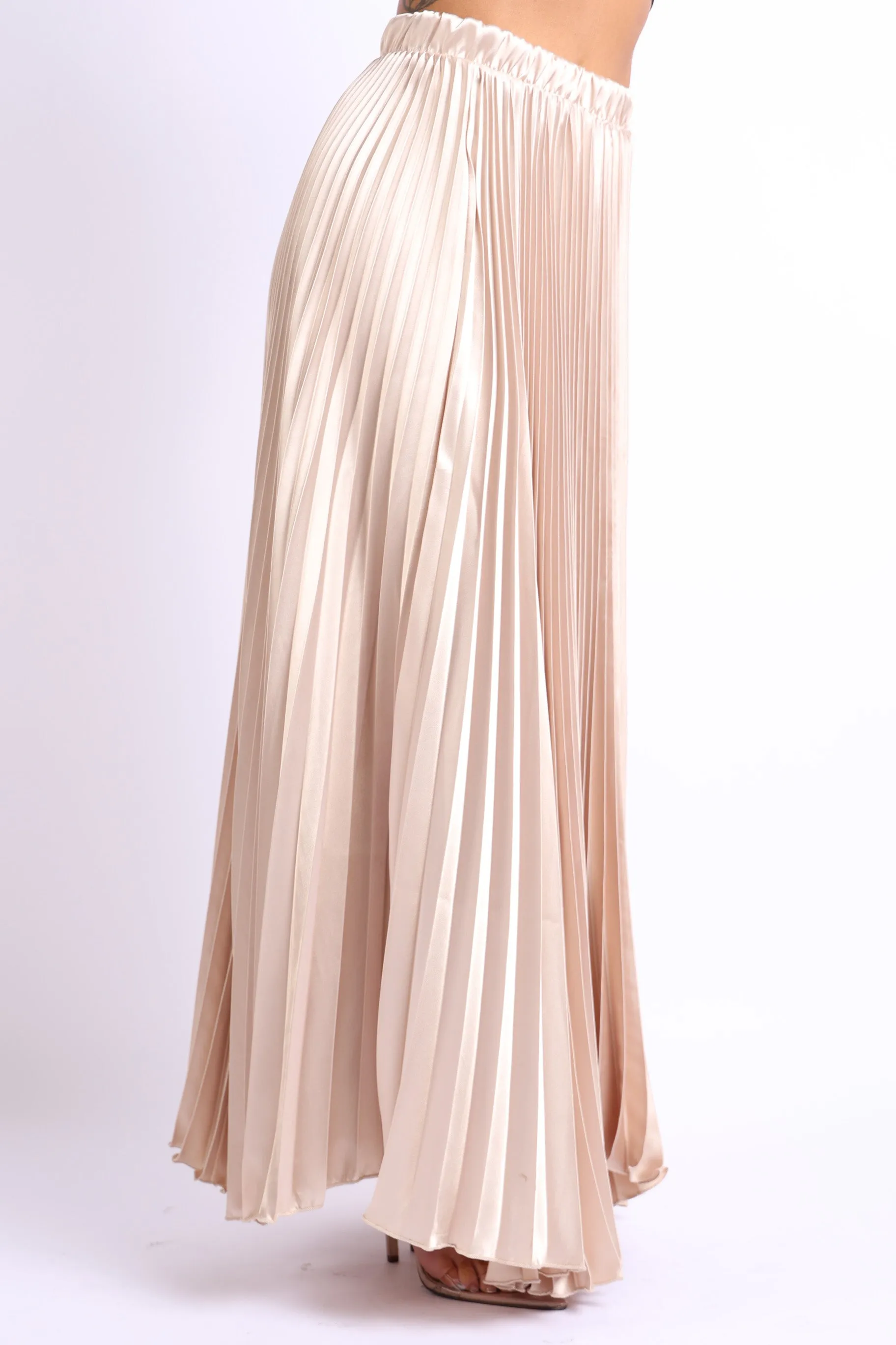 Elegant Pleated Satin Maxi Skirt with High Waist for Formal Events - TAUPE