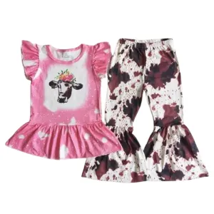 Girls Bell Bottom Pants Outfit Pink Cow Western Kids