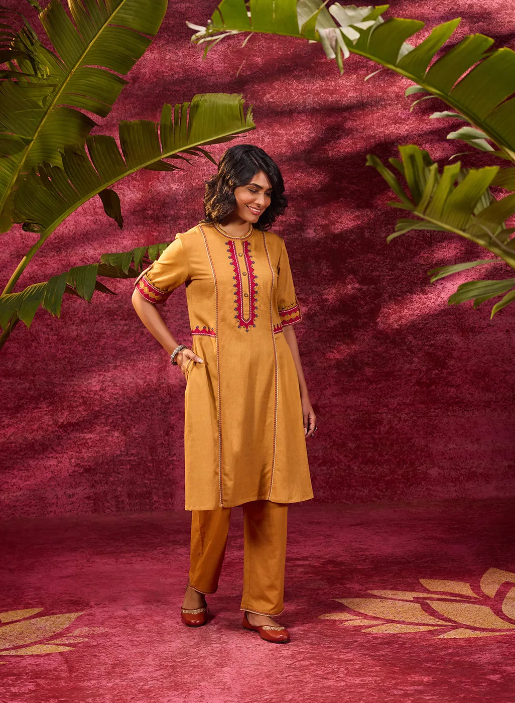 Grace Mustard Embroidered Tunic Set