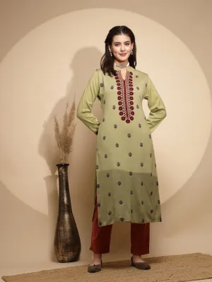 Green Printed Full Sleeve Collar With V-Neck Woolen Kurta For Women