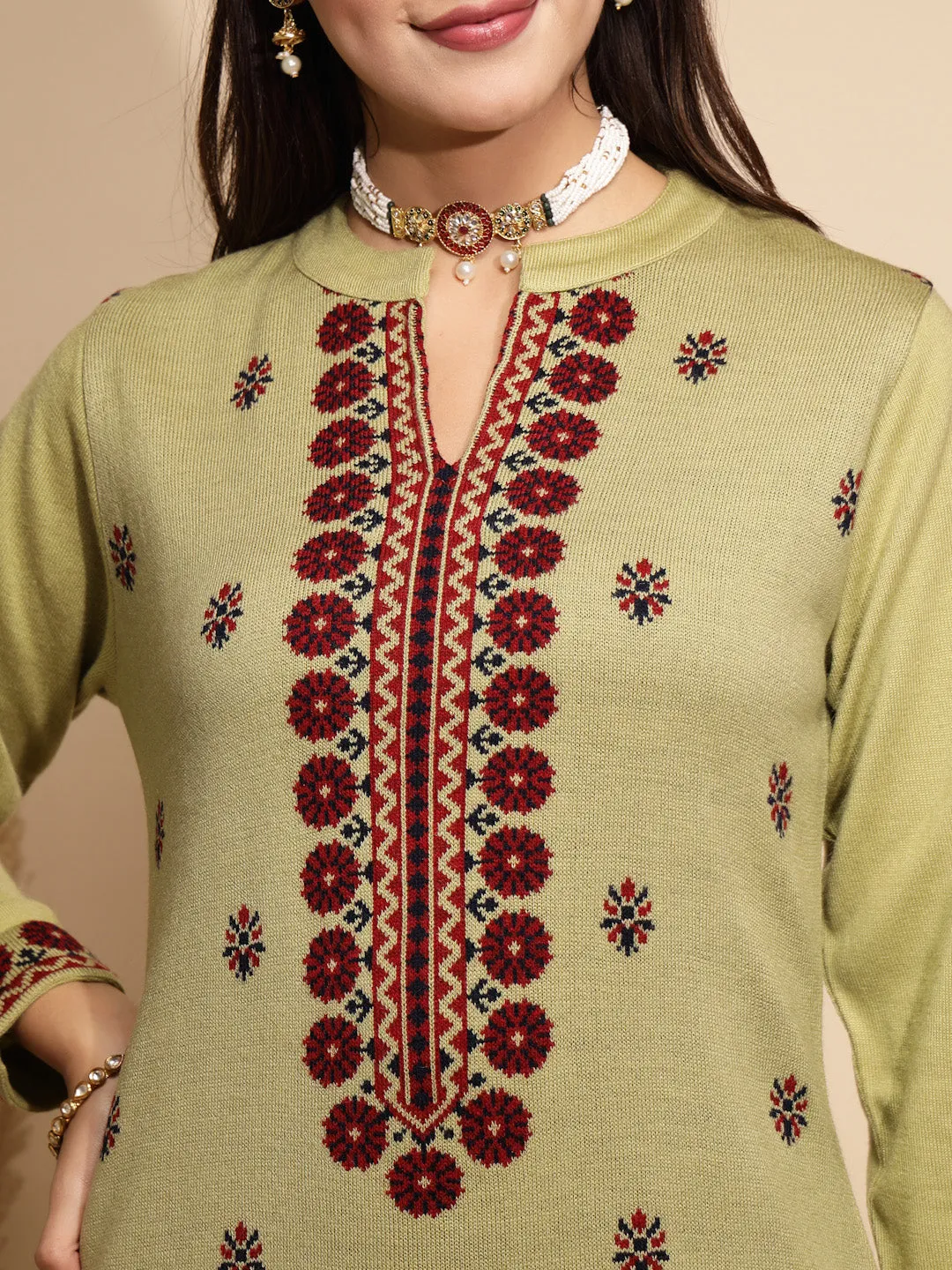 Green Printed Full Sleeve Collar With V-Neck Woolen Kurta For Women