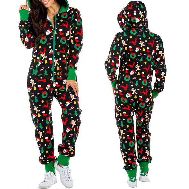 Ho-Ho-Holiday Pajamas: Xmas Zip-Up Hooded Jumpsuit