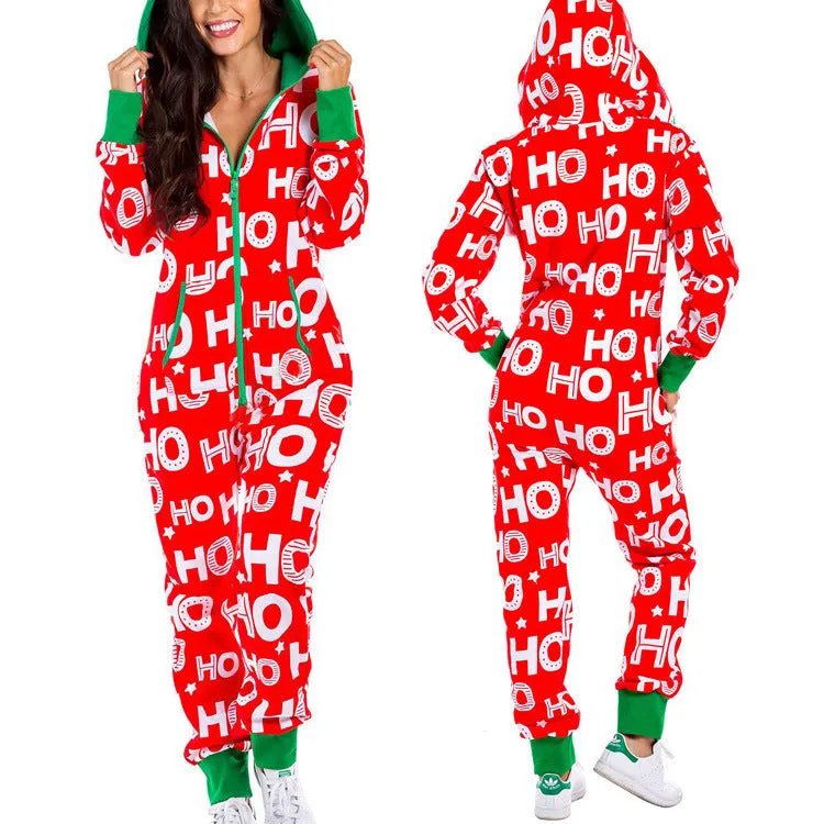 Ho-Ho-Holiday Pajamas: Xmas Zip-Up Hooded Jumpsuit