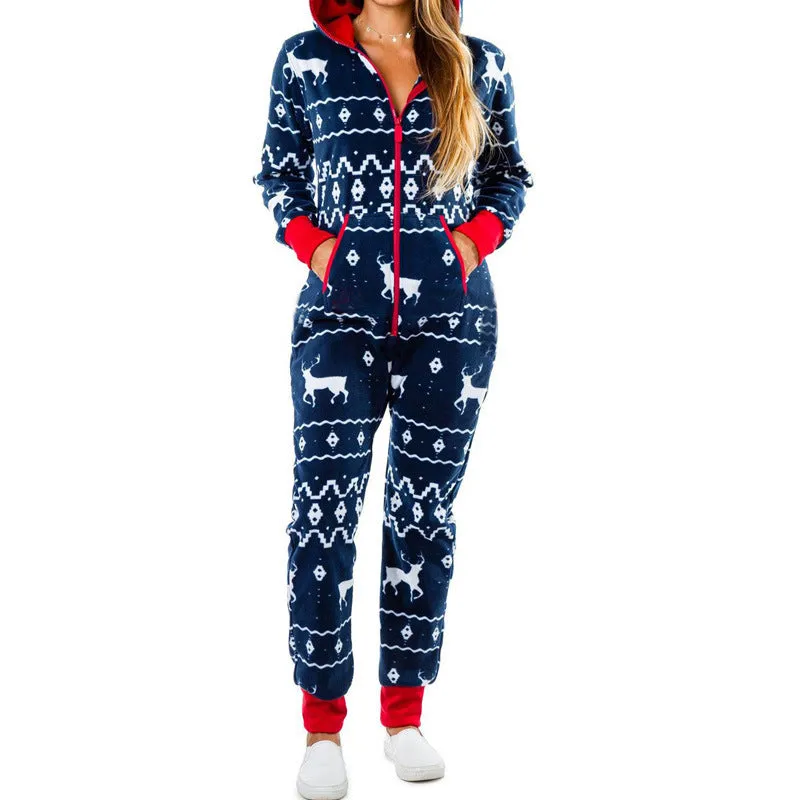 Ho-Ho-Holiday Pajamas: Xmas Zip-Up Hooded Jumpsuit