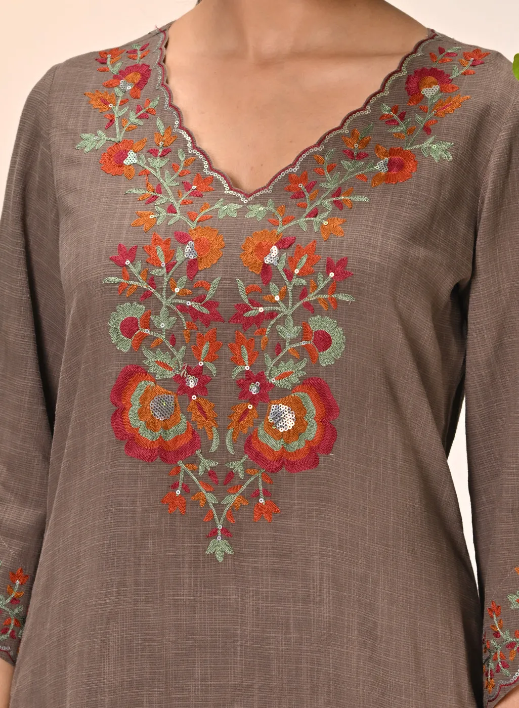 Kamali Umber Embroidered Cotton Linen Slub Designer Kurta Set for Women