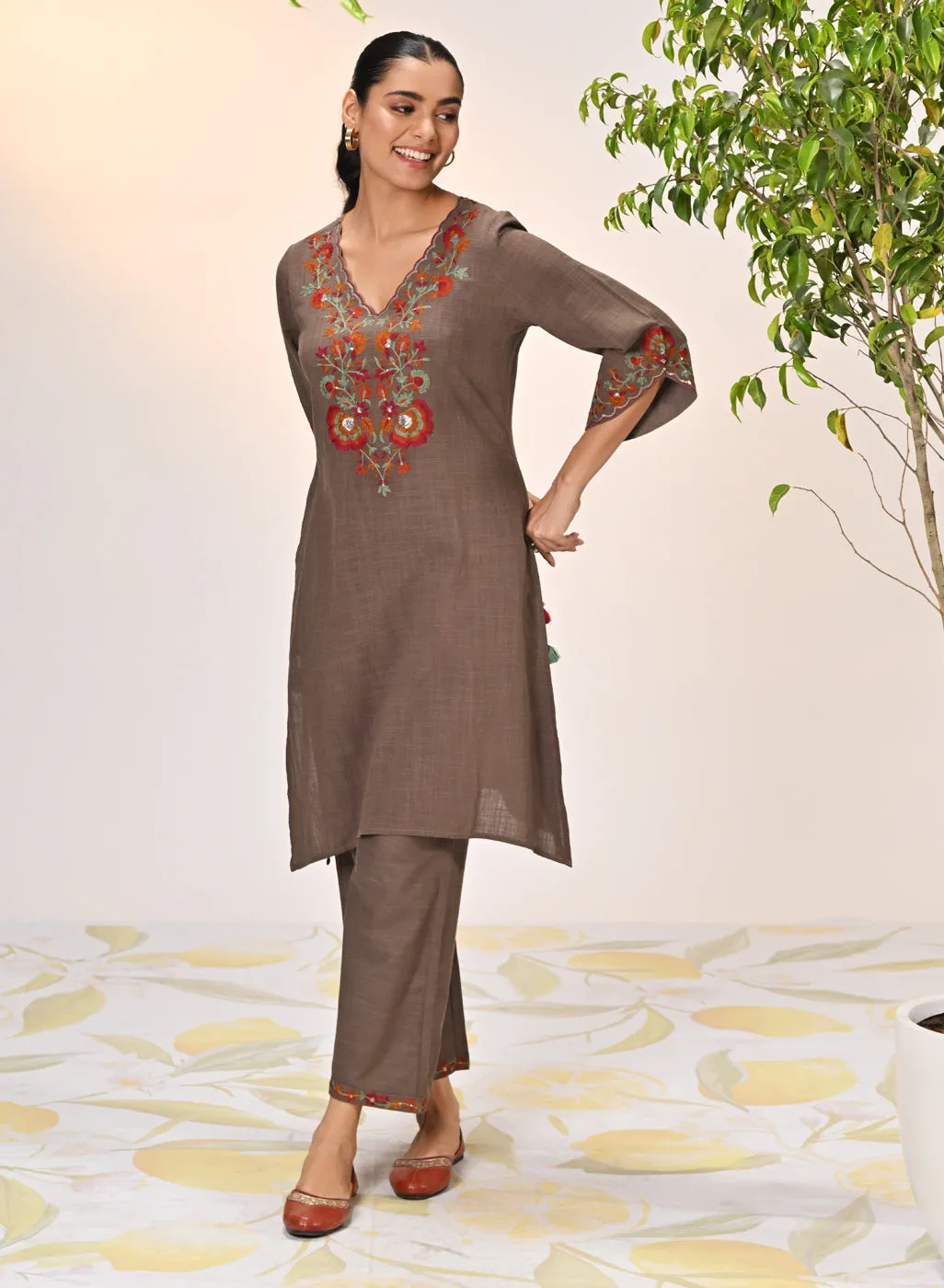 Kamali Umber Embroidered Cotton Linen Slub Designer Kurta Set for Women