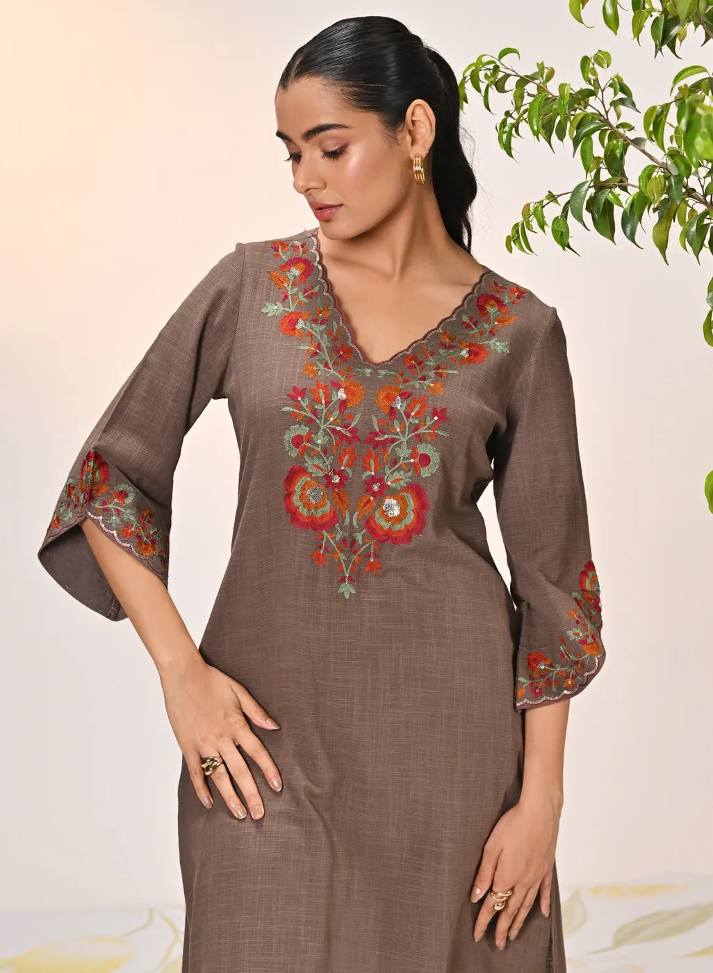 Kamali Umber Embroidered Cotton Linen Slub Designer Kurta Set for Women