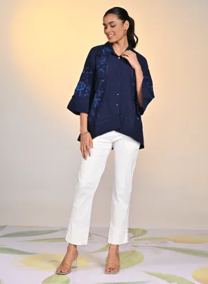 Laira Blue Embroidered Tencel Top for Women