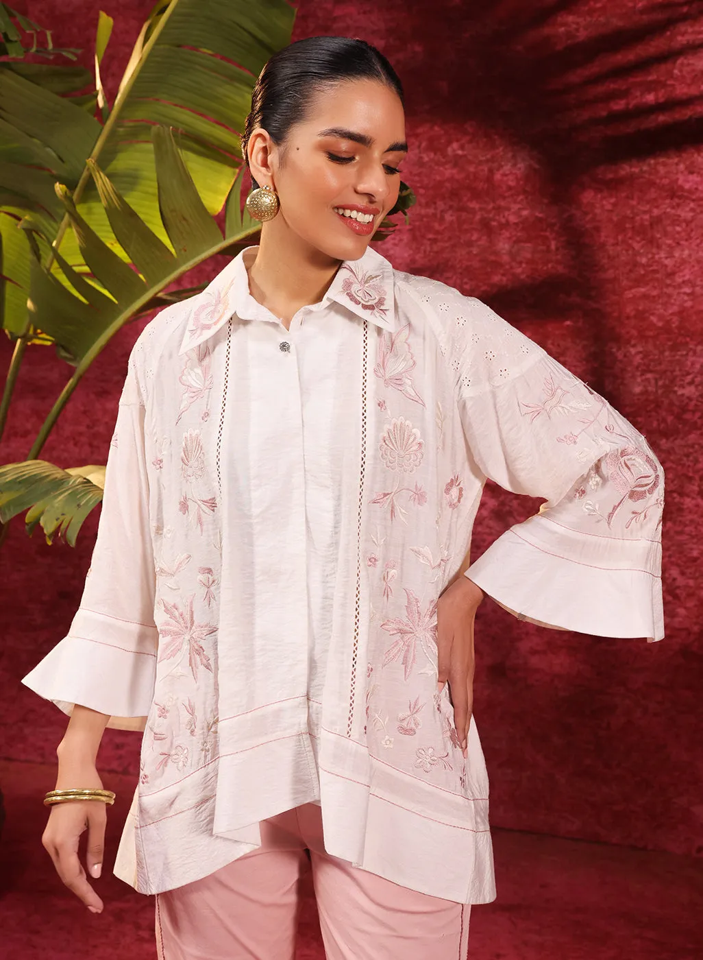 Laira Ivory Embroidered Tencel Shirt for Women