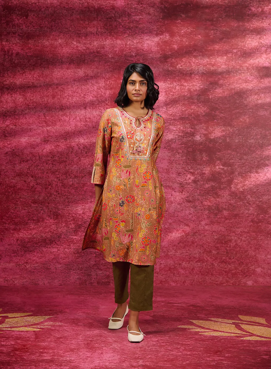 Meher Ash Brown Printed Cotton Silk Kurta