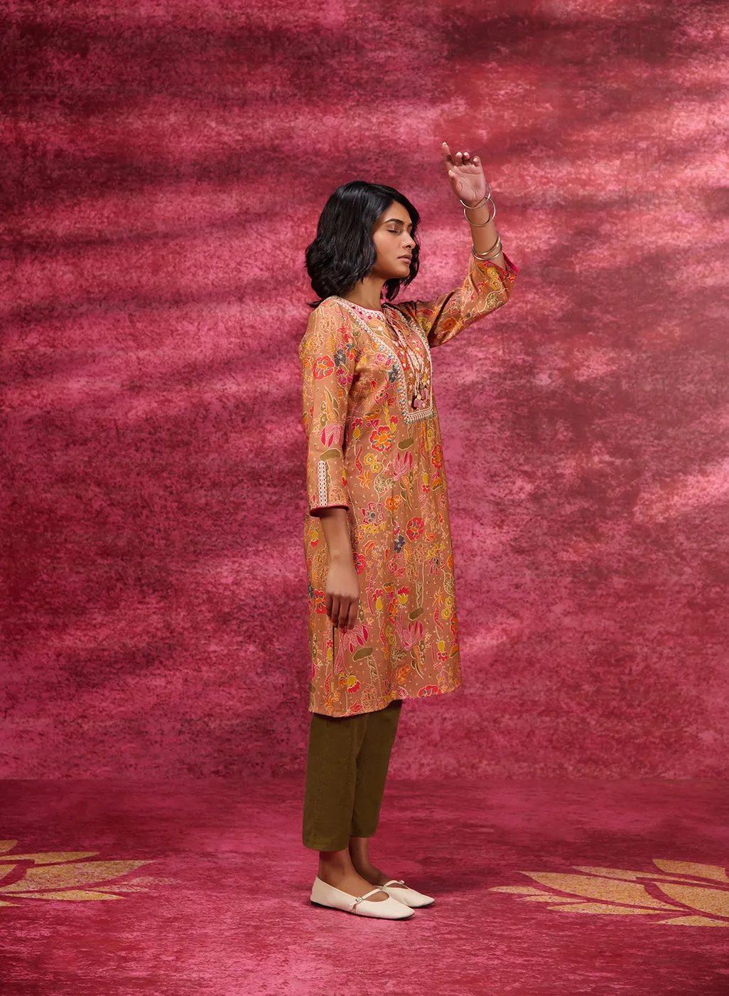 Meher Ash Brown Printed Cotton Silk Kurta