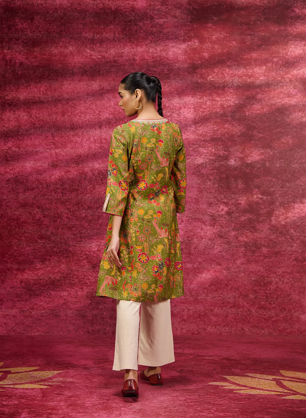 Meher Olive Printed Cotton Silk Kurta