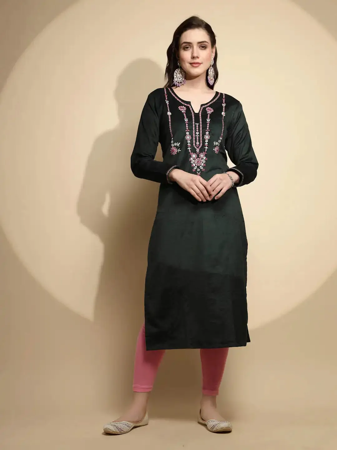 Olive Embellished Full Sleeve Round With V-Neck Cotton Kurta