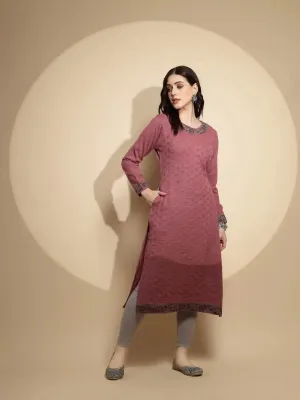 Pink Embellished Full Sleeve Crew Neck Woolen Kurta