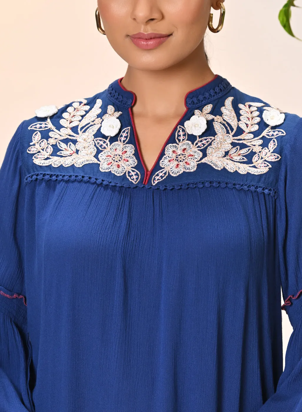 Rifa Electric Blue Embroidered Crinkled Crepe Top for Women