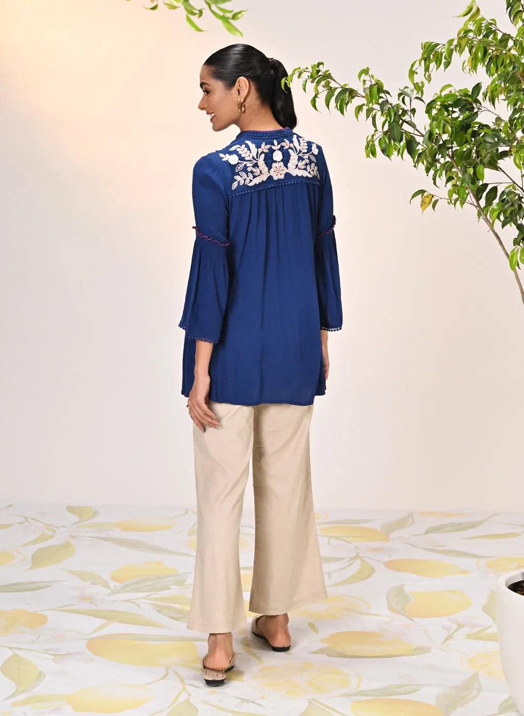 Rifa Electric Blue Embroidered Crinkled Crepe Top for Women