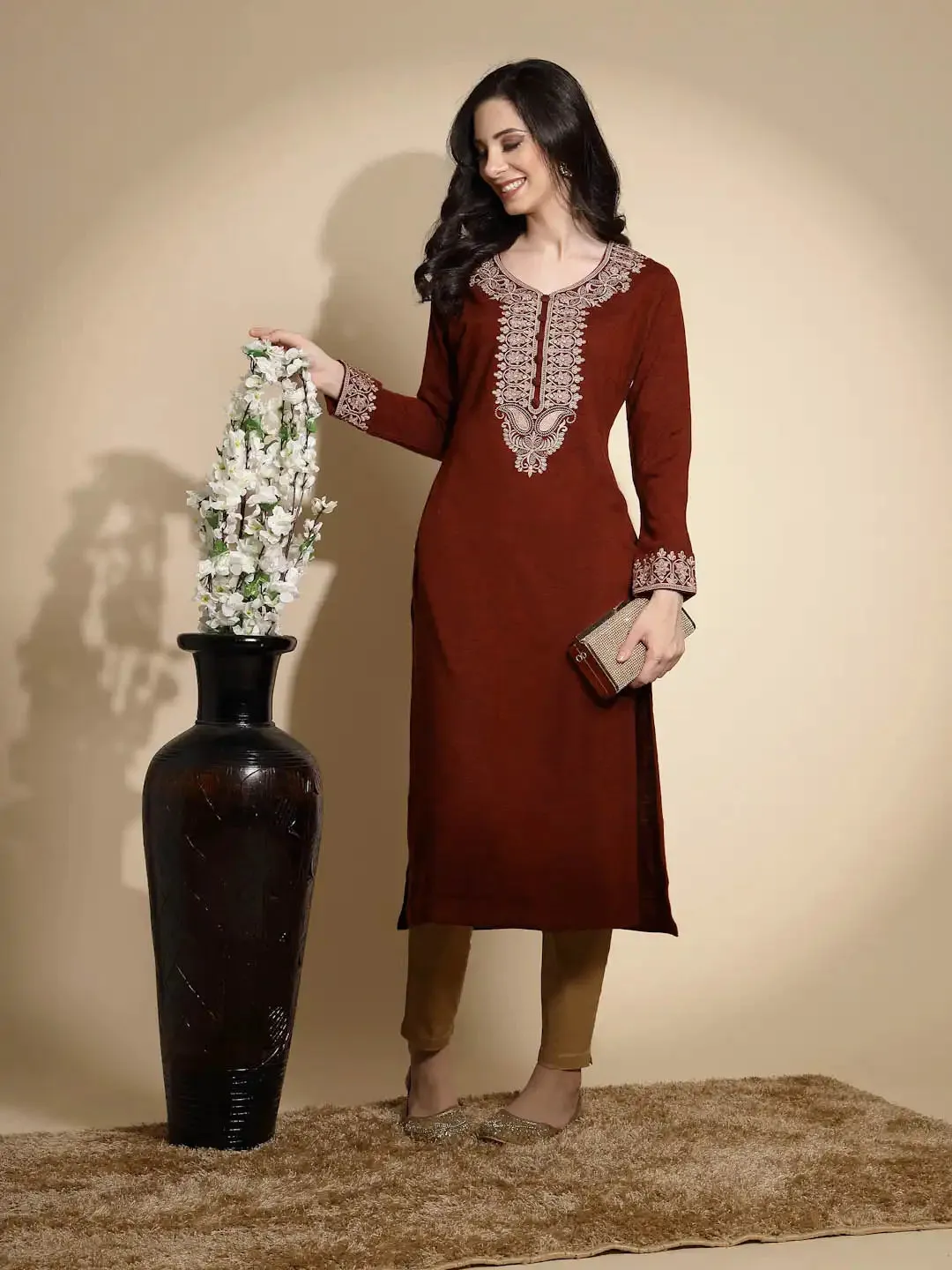 Rust Embroidered Full Sleeves Raglan Cut Crew Neck Woolen Kurta