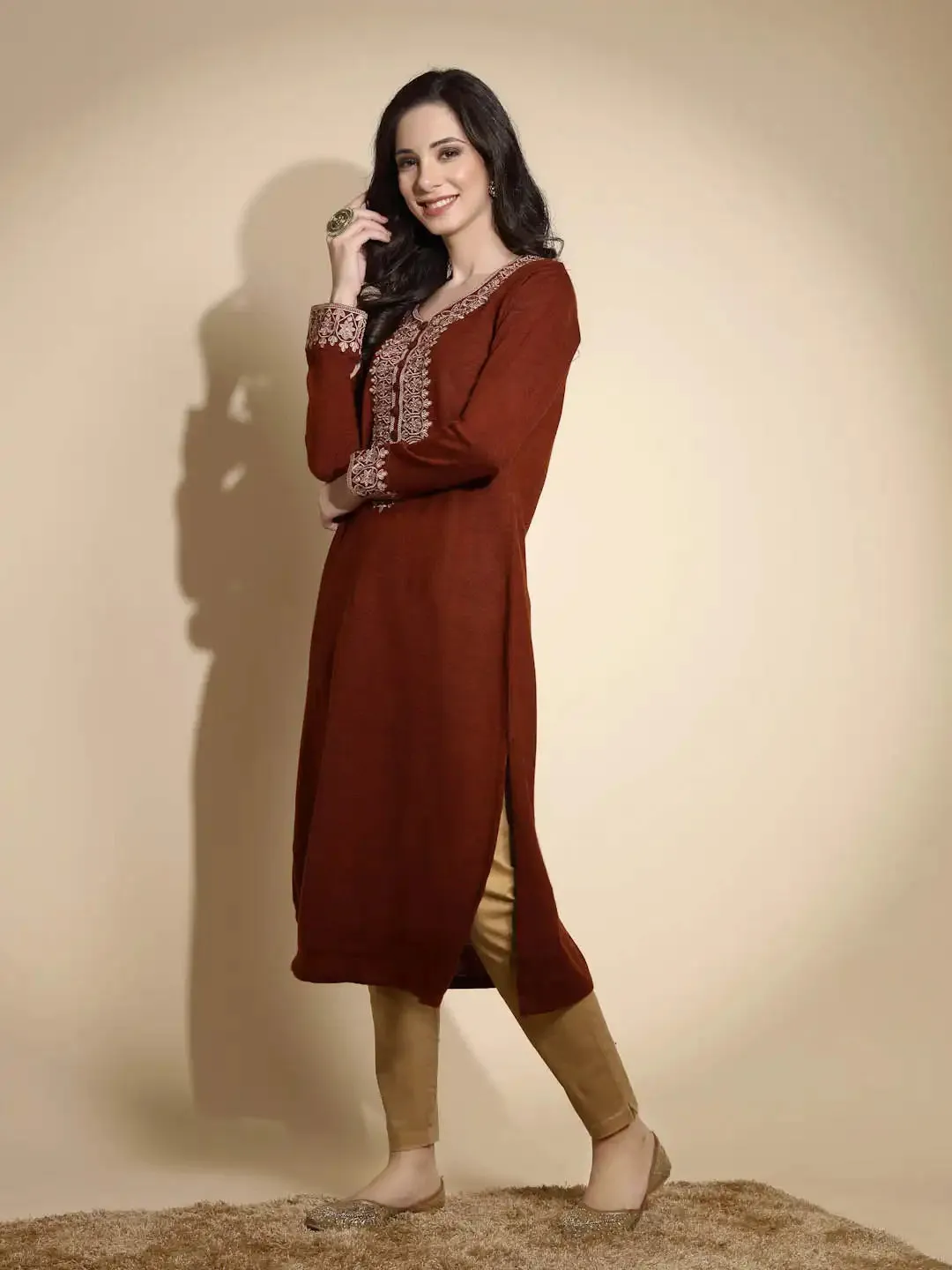 Rust Embroidered Full Sleeves Raglan Cut Crew Neck Woolen Kurta