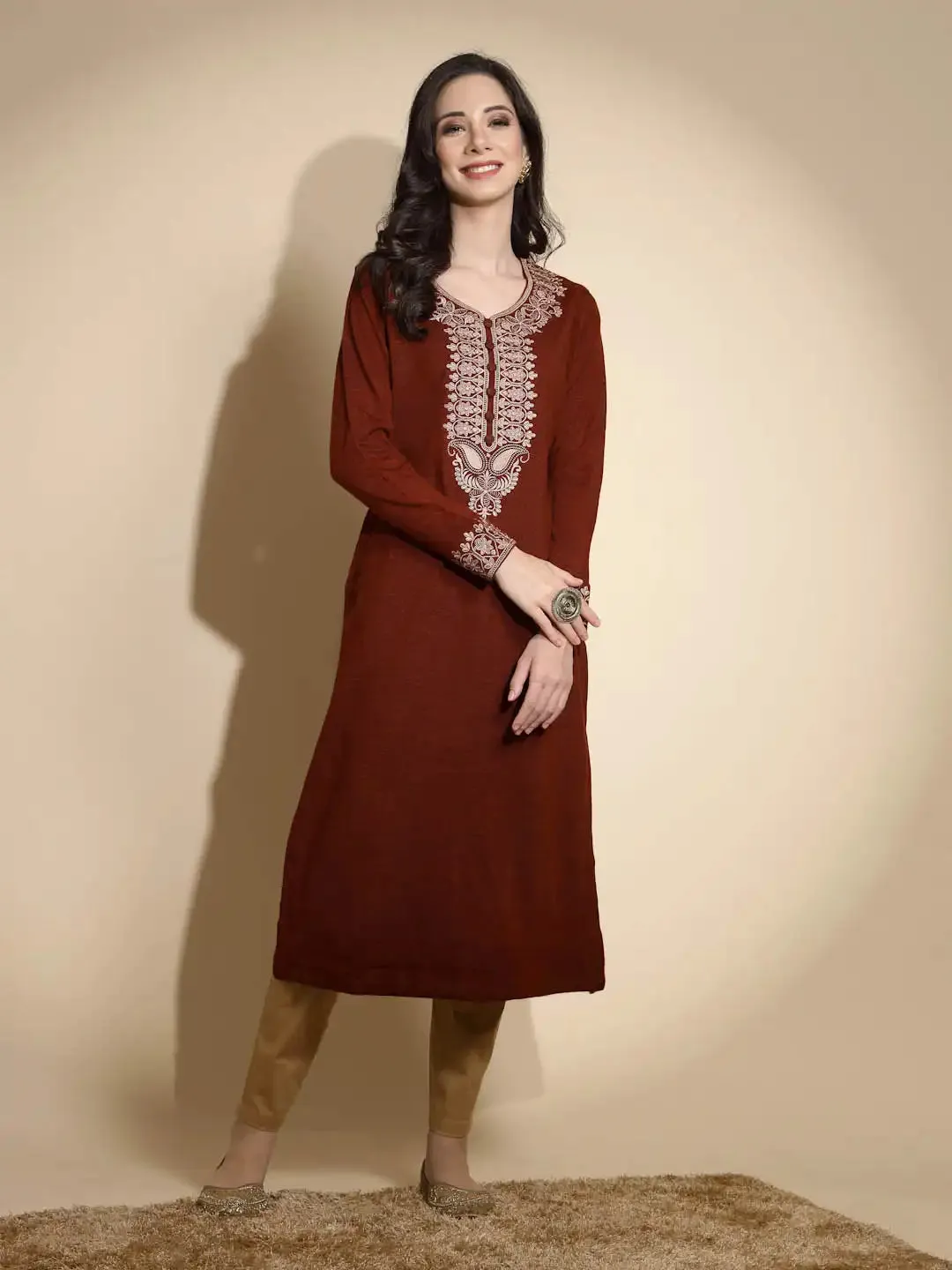 Rust Embroidered Full Sleeves Raglan Cut Crew Neck Woolen Kurta