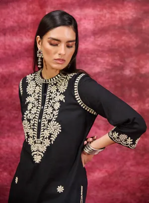 Saadgi Black Embroidered Cotton Linen Tunic for Women