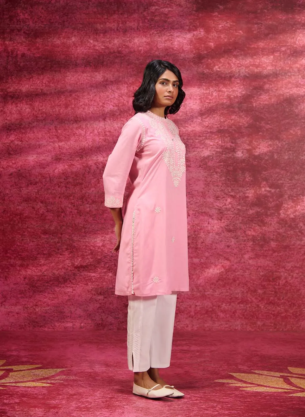 Saadgi Carnation Pink Embroidered Cotton Linen Tunic for Women