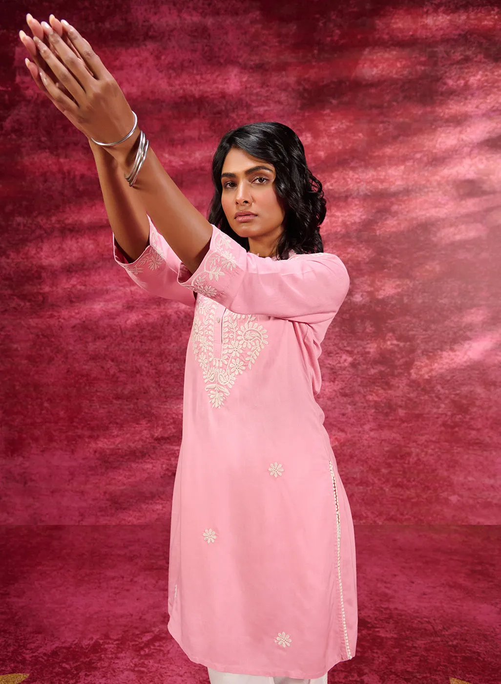 Saadgi Carnation Pink Embroidered Cotton Linen Tunic for Women