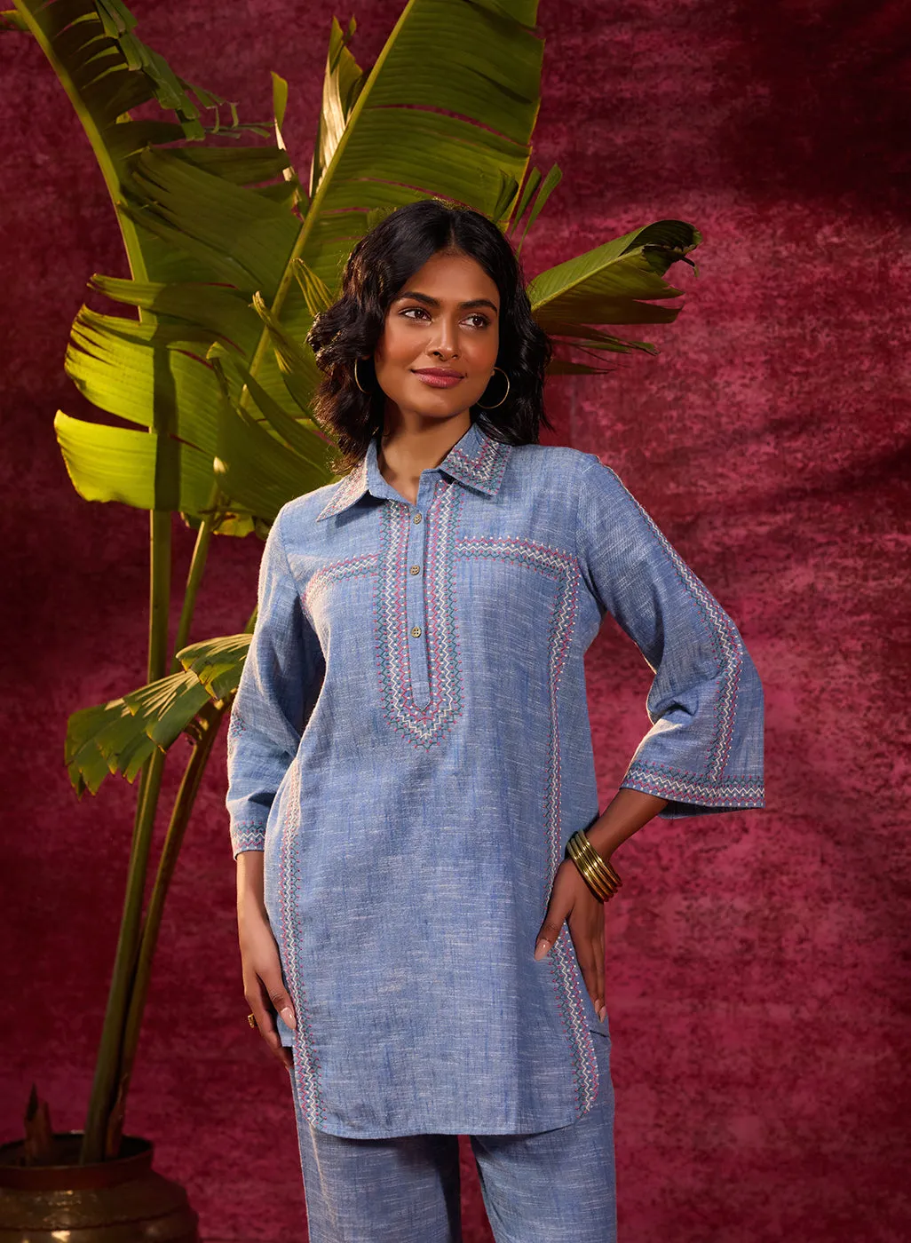 Saanjh Blue Embroidered Cotton Linen Slub Co-ord
Set for Women