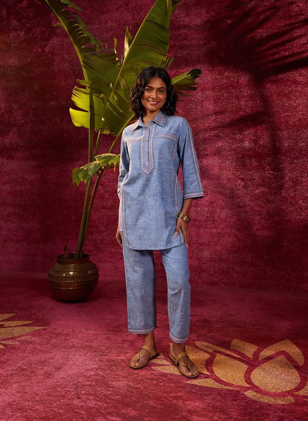 Saanjh Blue Embroidered Cotton Linen Slub Co-ord
Set for Women