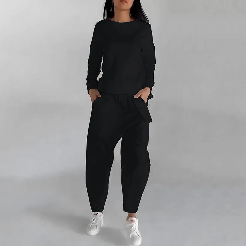 Solid Color Fashion Sweatshirt & Loose Trousers Set – Women's Long Sleeve Back Slit Top with Pockets