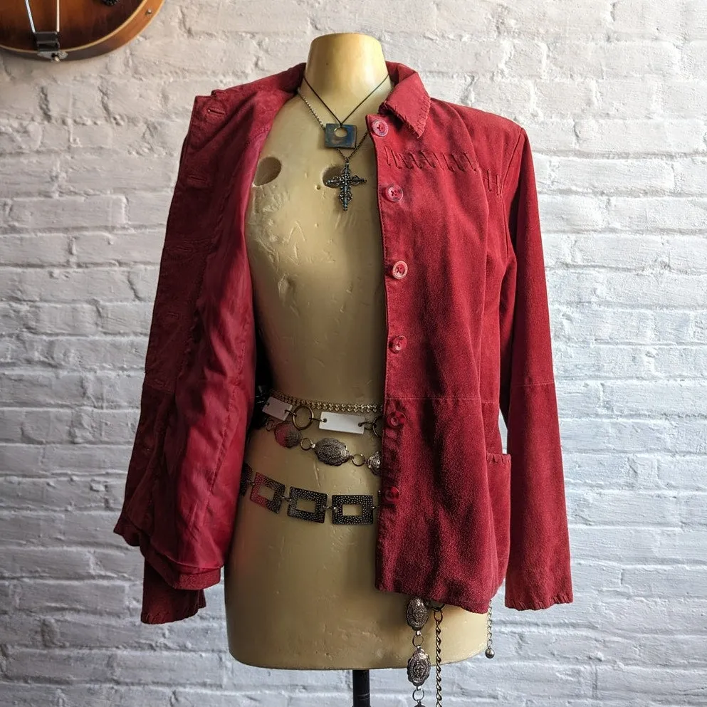 Vintage Cherry Red Suede Leather Jacket Western Minimalist Earthy Biker Coat