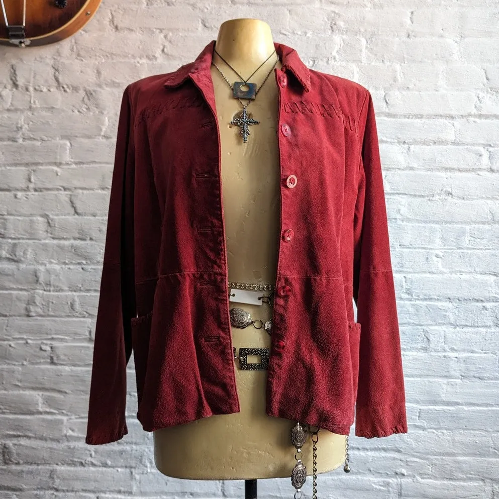 Vintage Cherry Red Suede Leather Jacket Western Minimalist Earthy Biker Coat