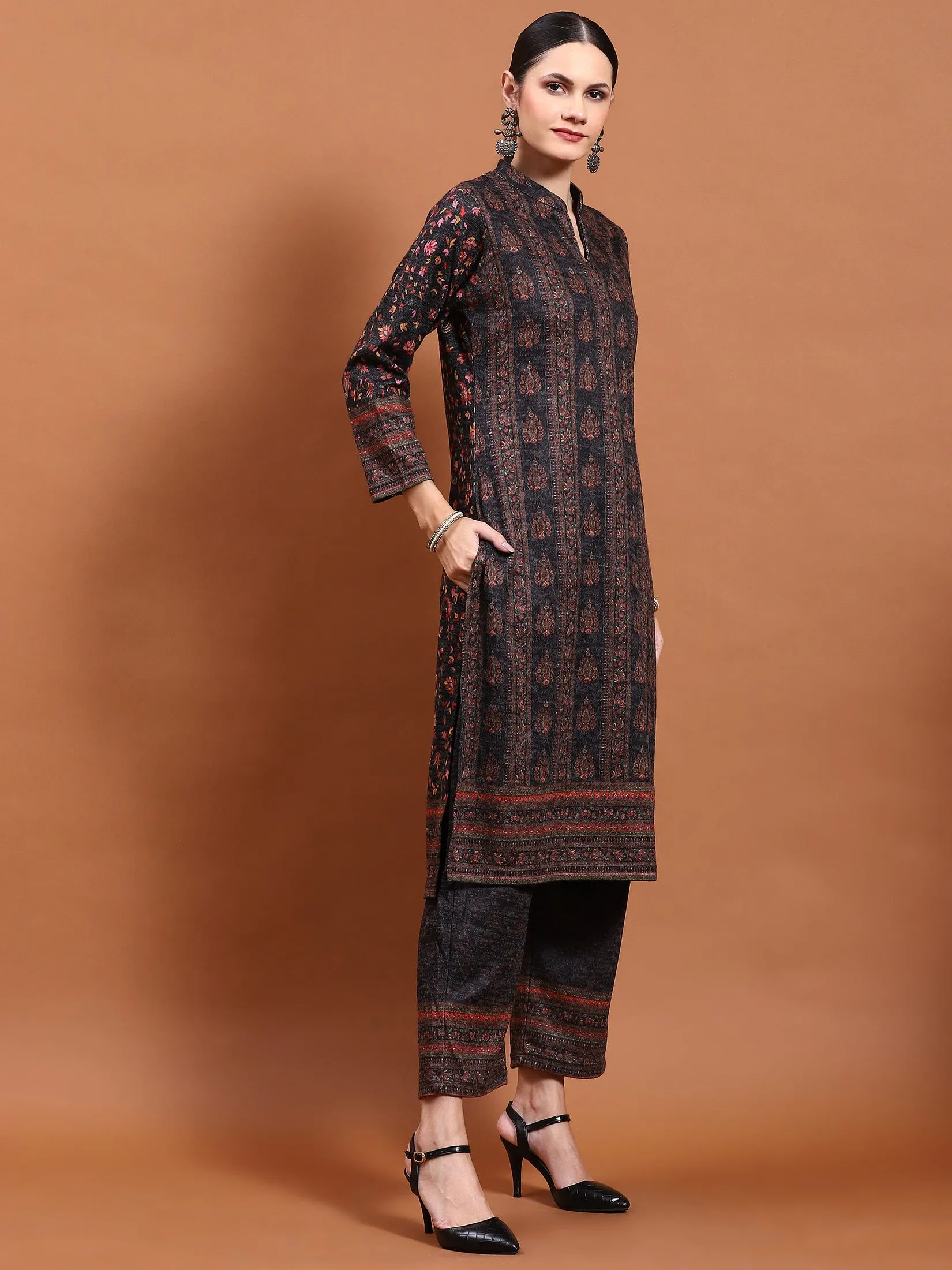 Winter Women Black Printed Kurta Bottom Dupatta