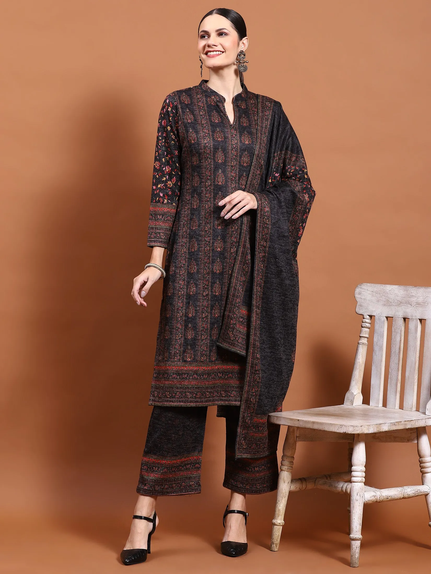 Winter Women Black Printed Kurta Bottom Dupatta