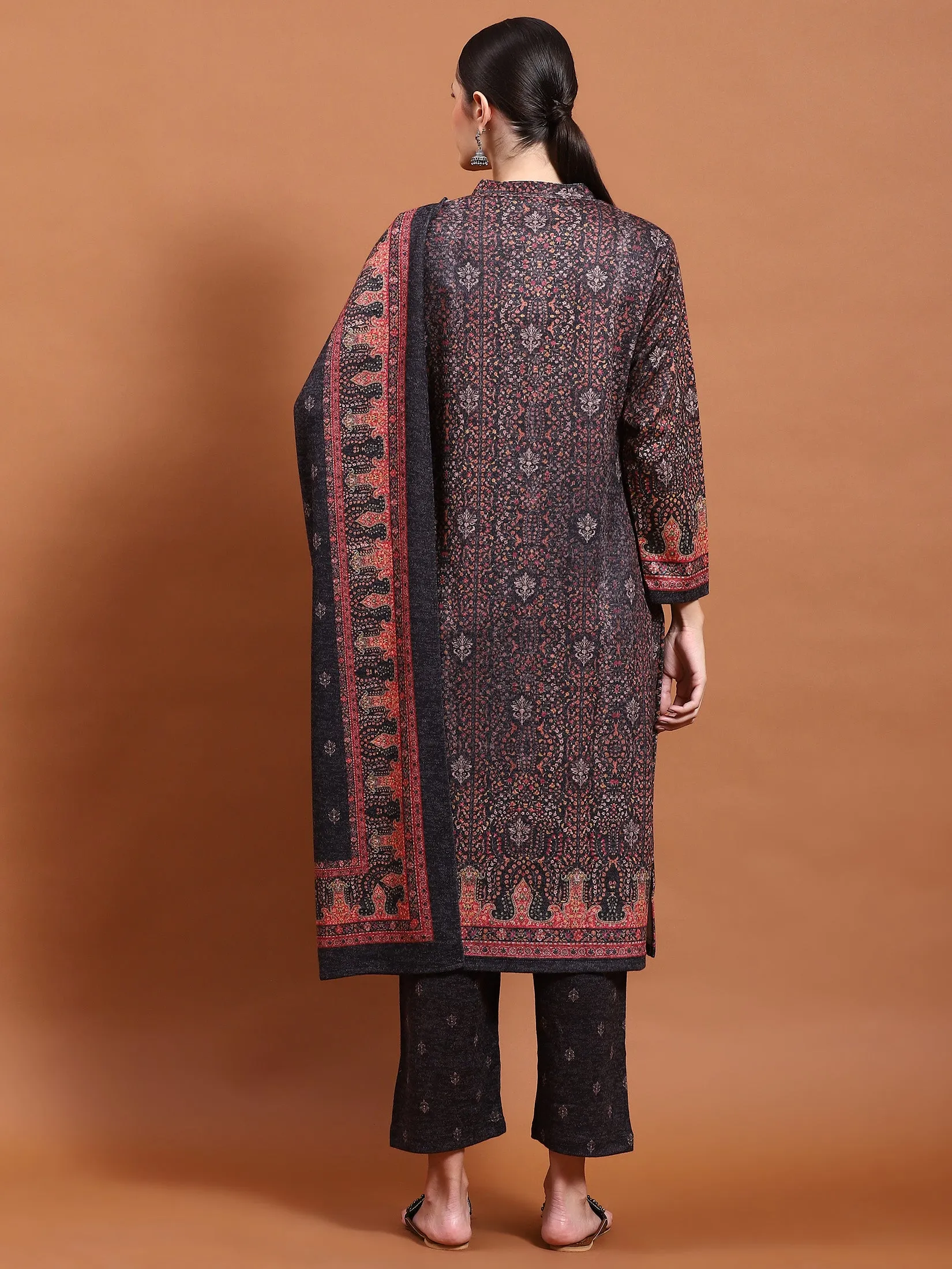 Winter Women Grey Straight Kurta Bottom Dupatta