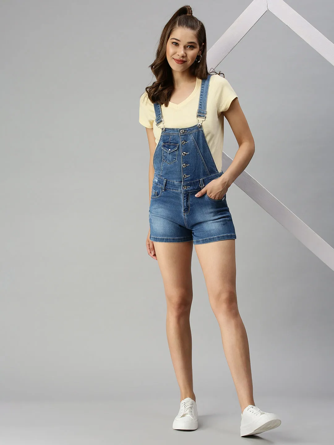 Women's Blue Solid Dungarees